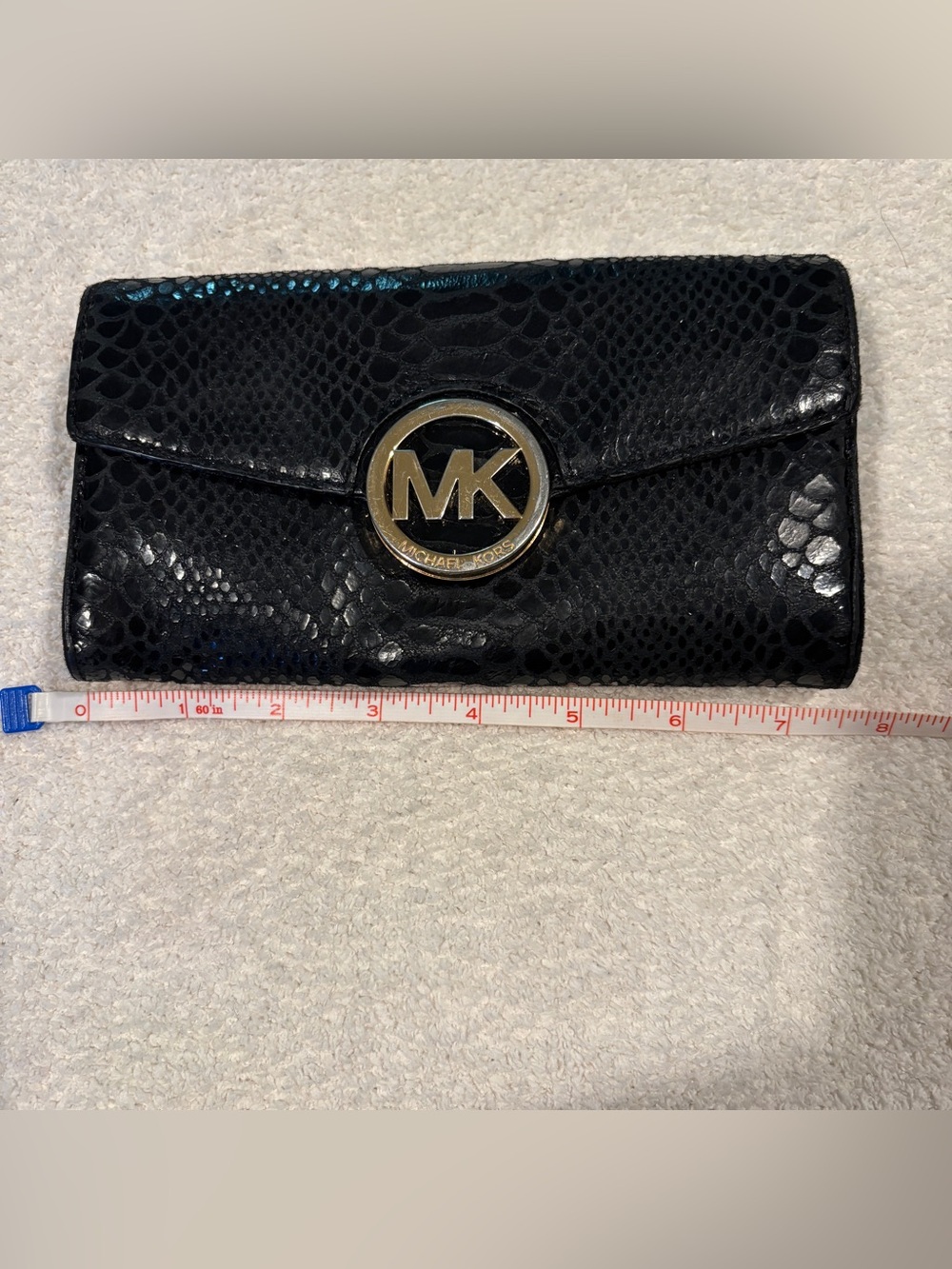 Michael Kors Black Snake-Embossed Continental Wallet with Gold MK Logo